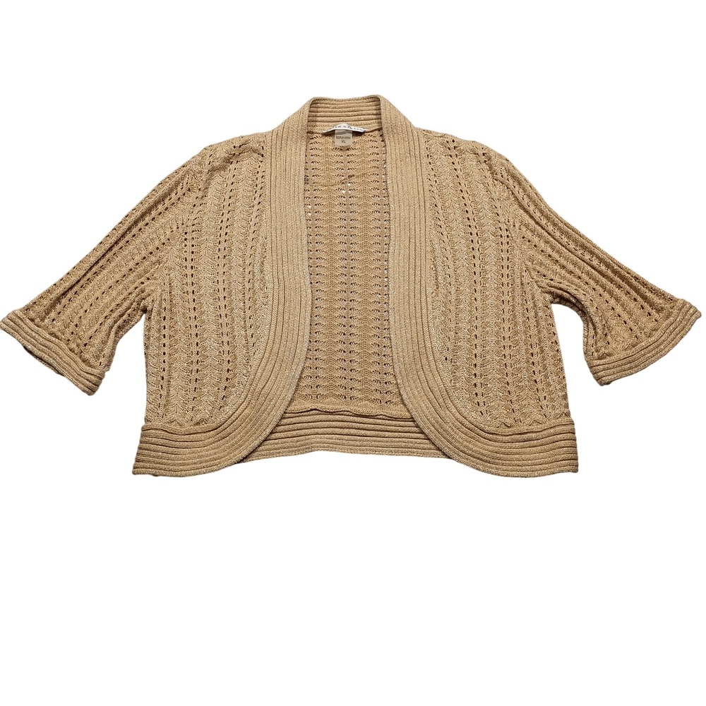 Peter Nygard Rayon Shrug Women XL Cropped Metallic Pointelle Gold Cardigan 1013